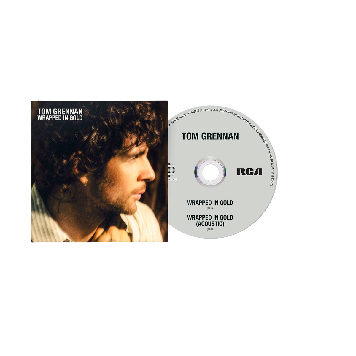Tom Grennan 'Wrapped in Gold' CD album with the square cover art on the left and the silver CD disc on the right, shown on a plain white background.